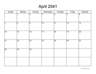 Basic Calendar for April 2041