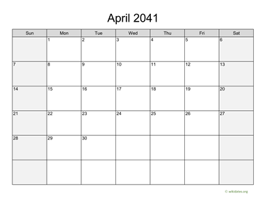 April 2041 Calendar with Weekend Shaded