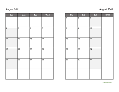 August 2041 Calendar on two pages