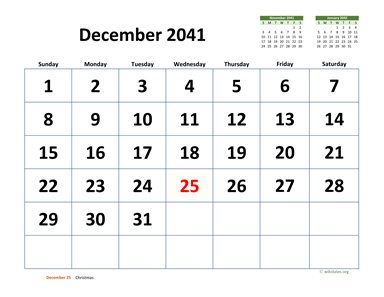 December 2041 Calendar with Extra-large Dates