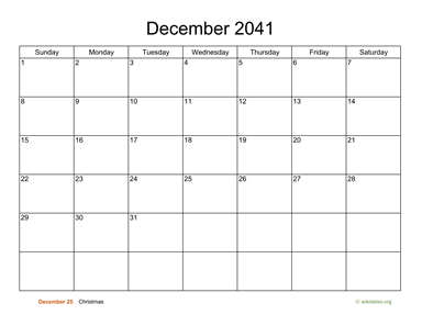 Basic Calendar for December 2041