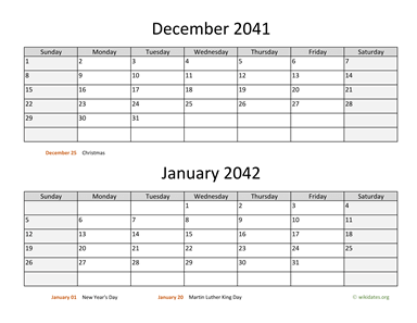December 2041 and January 2042 Calendar Horizontal