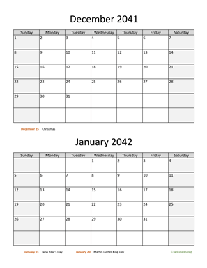 December 2041 and January 2042 Calendar Vertical