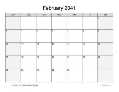 February 2041 Calendar with Weekend Shaded
