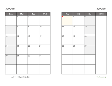 July 2041 Calendar on two pages