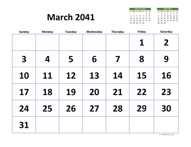 March 2041 Calendar with Extra-large Dates