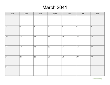 March 2041 Calendar with Weekend Shaded