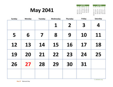 May 2041 Calendar with Extra-large Dates