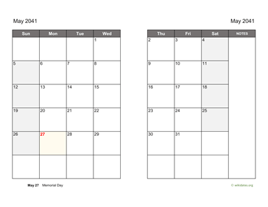May 2041 Calendar on two pages