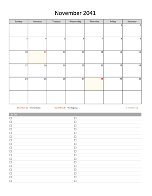 November 2041 Calendar with To-Do List