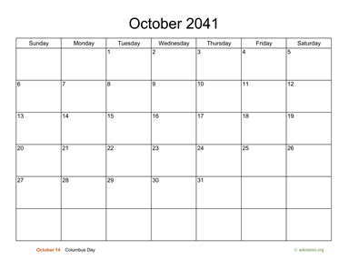 Basic Calendar for October 2041