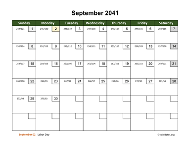September 2041 Calendar with Day Numbers
