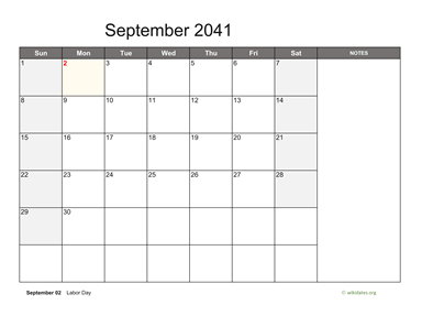 September 2041 Calendar with Notes