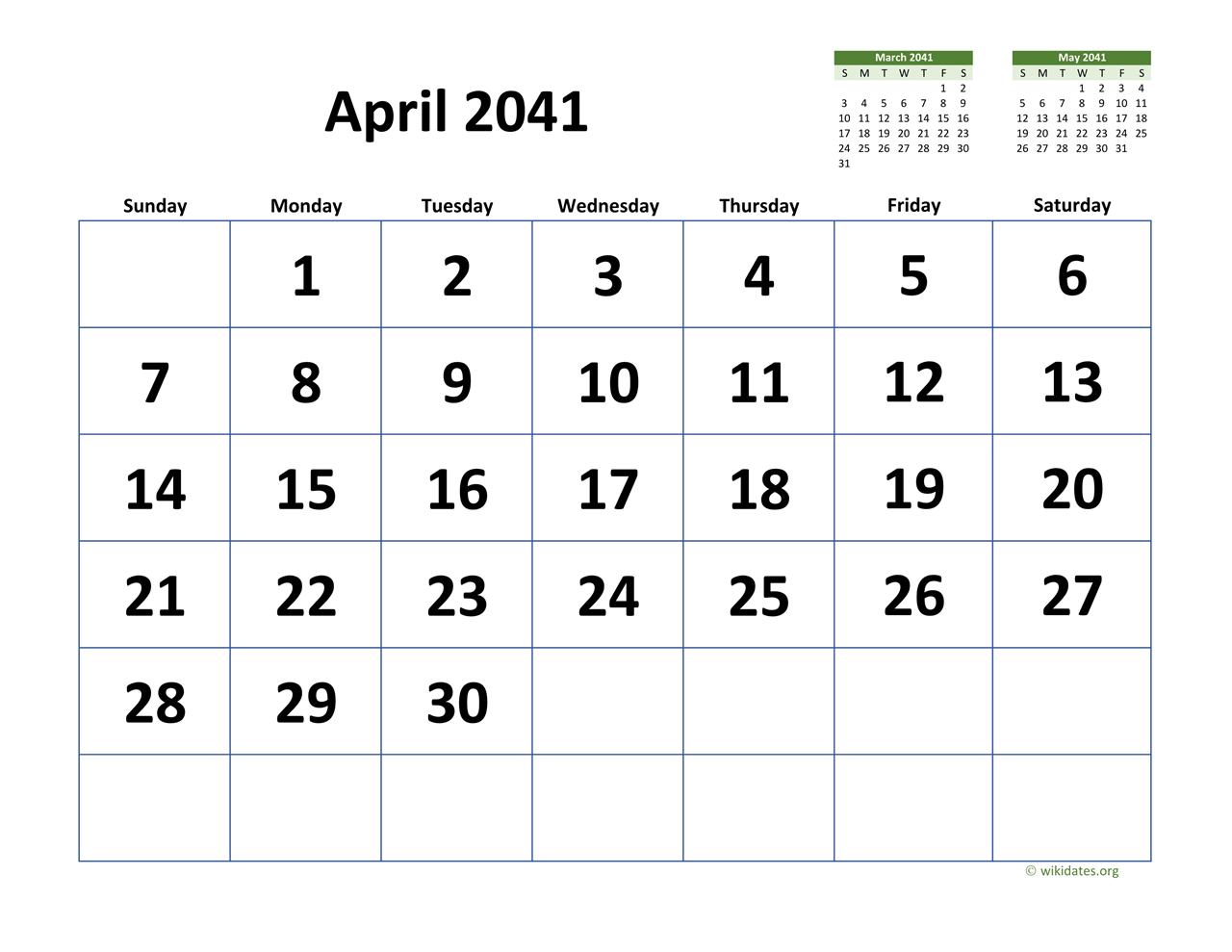 April 2041 Calendar With Extra Large Dates