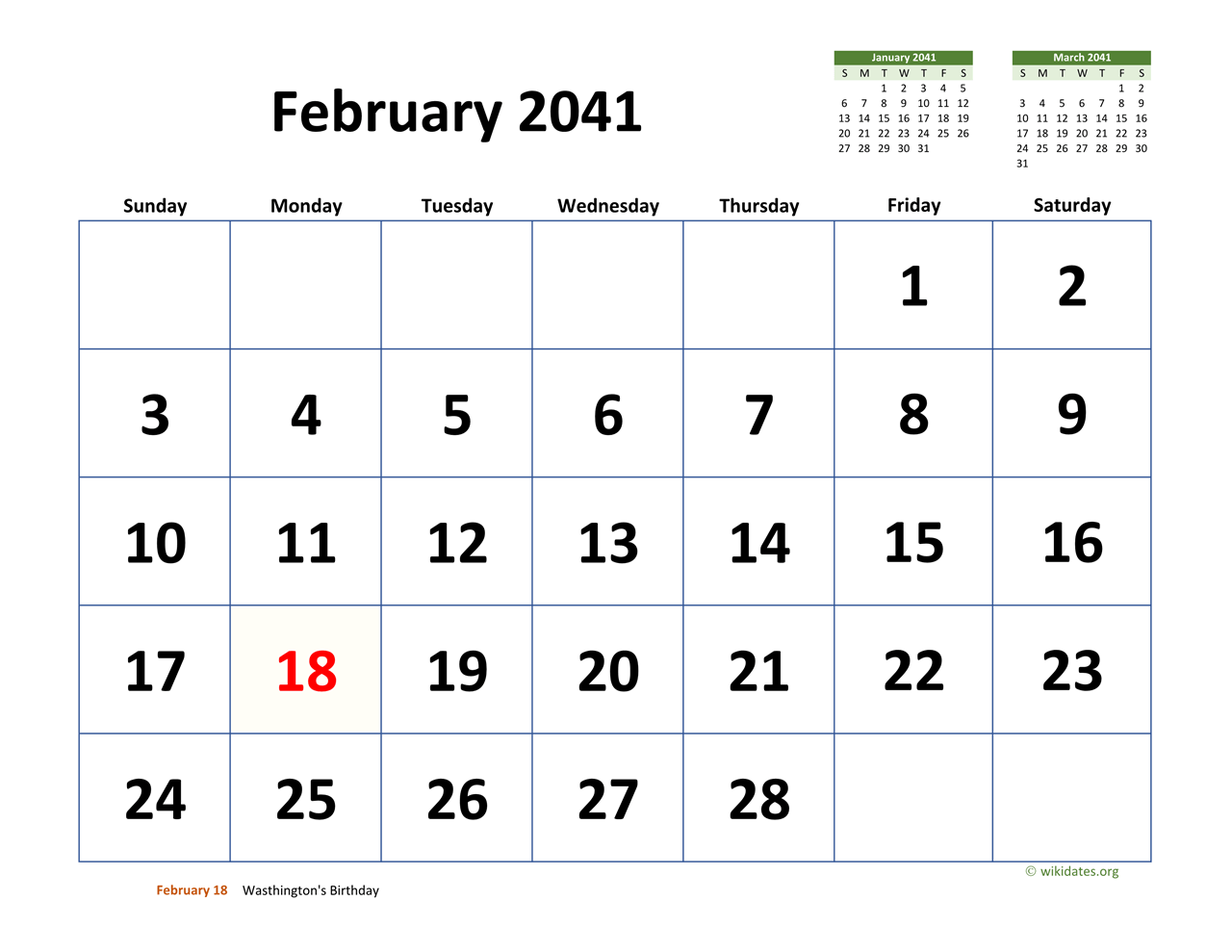 February 2041 Calendar with Extralarge Dates