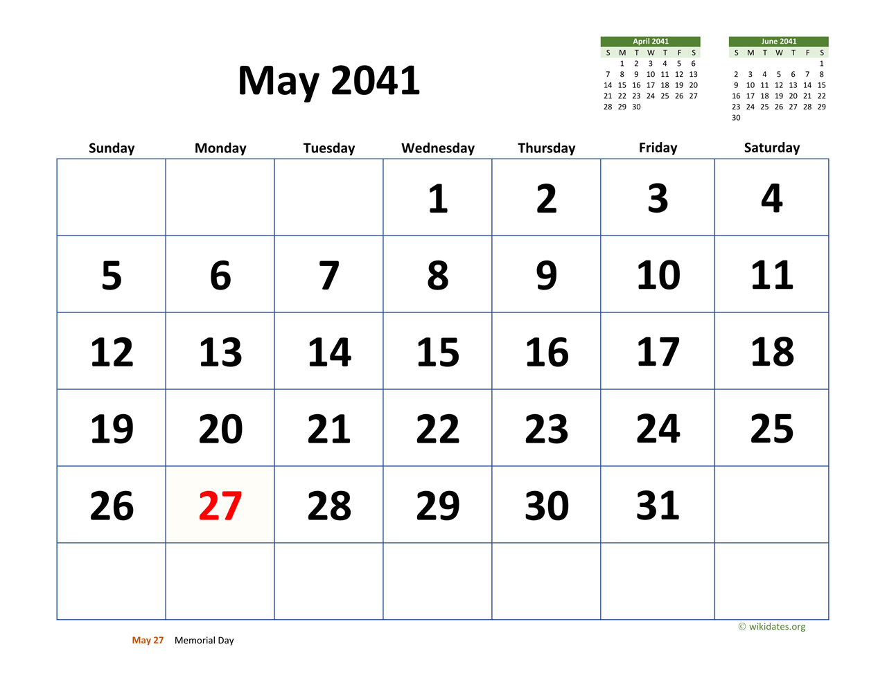 May 2041 Calendar with Extralarge Dates