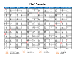 2042 Calendar Horizontal, One Page