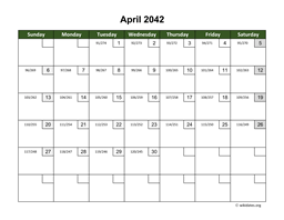 April 2042 Calendar with Day Numbers