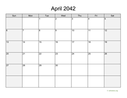 April 2042 Calendar with Weekend Shaded