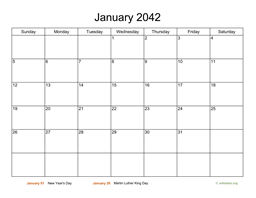 Basic Calendar for January 2042