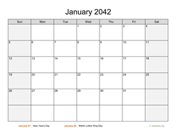 January 2042 Calendar with Weekend Shaded
