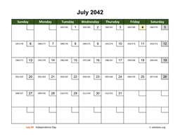 July 2042 Calendar with Day Numbers