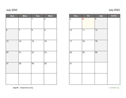 July 2042 Calendar on two pages