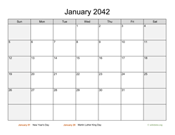 Monthly 2042 Calendar with Weekend Shaded