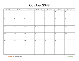 Basic Calendar for October 2042
