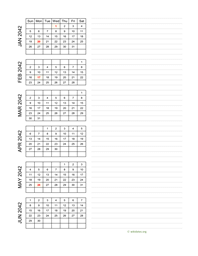 six months 2042 calendar vertical with notes