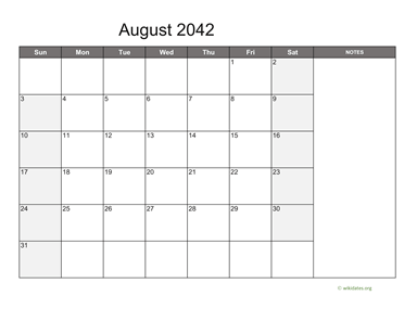 August 2042 Calendar with Notes