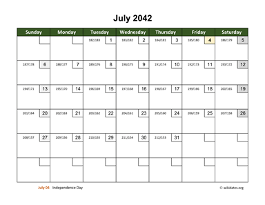 July 2042 Calendar with Day Numbers