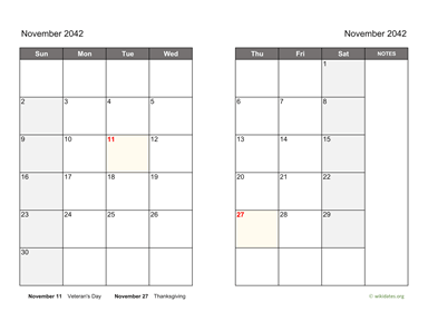 November 2042 Calendar on two pages