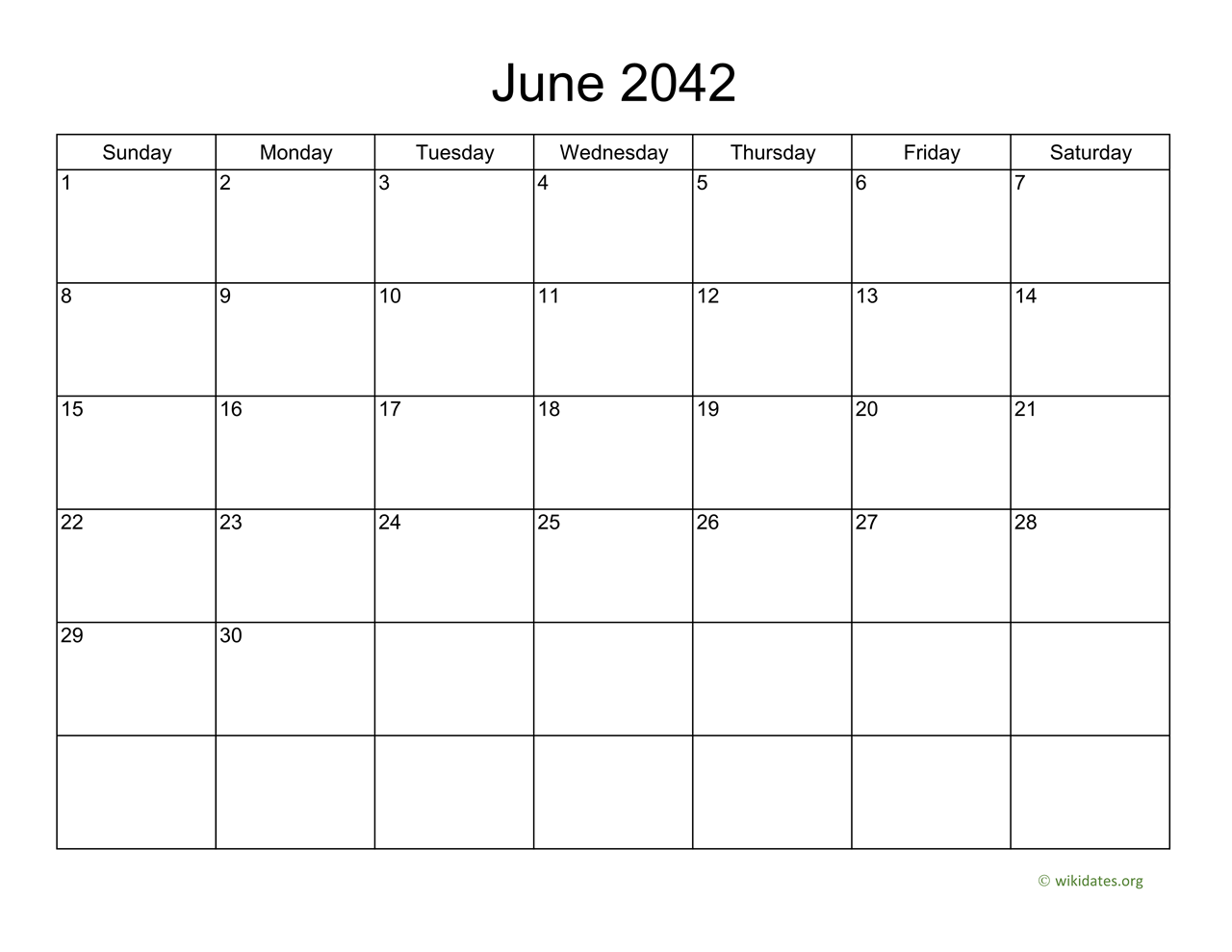 Basic Calendar for June 2042 | WikiDates.org