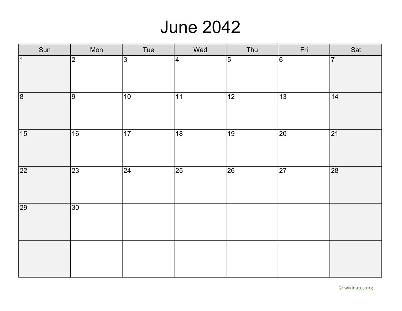 June 2042 Calendar With Weekend Shaded