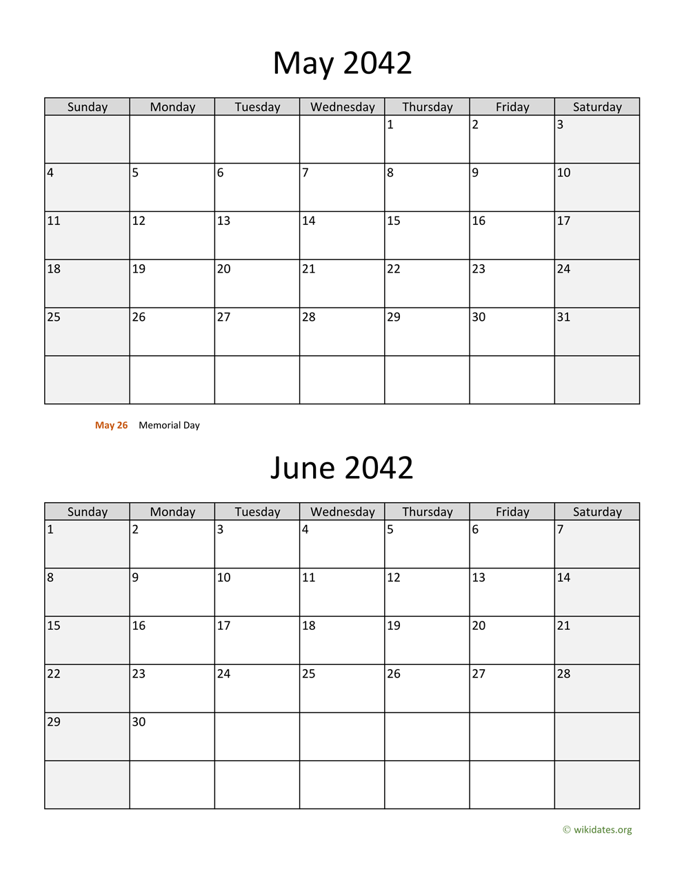 May And June 2042 Calendar