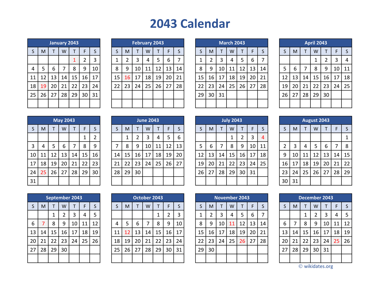 2043 Calendar In Pdf