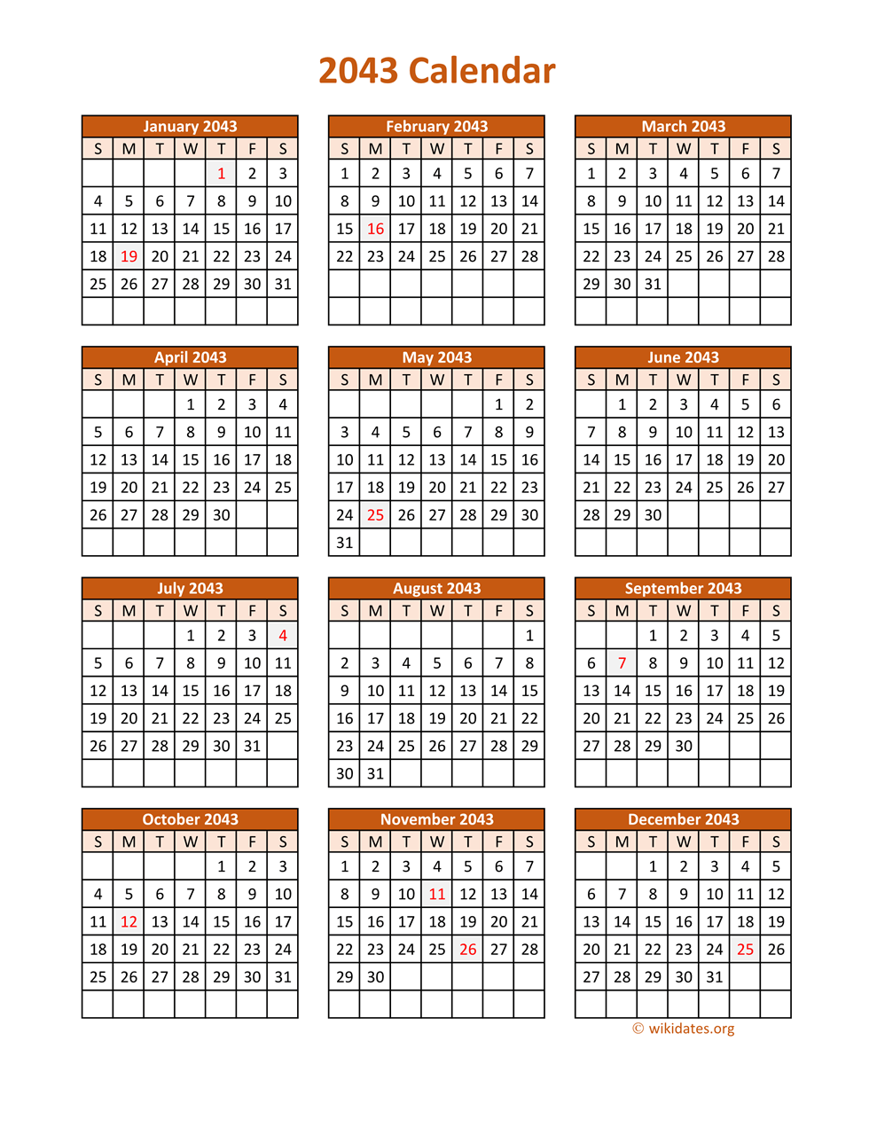 Full Year 2043 Calendar on one page | WikiDates.org