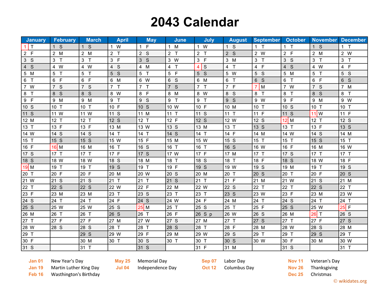 2043 Calendar Horizontal One Page