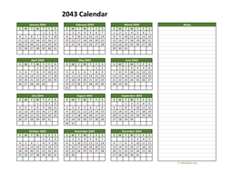 Yearly Printable 2043 Calendar with Notes
