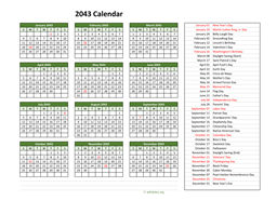 2043 Calendar with US Holidays
