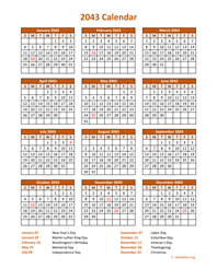 Calendar 2043 Vertical