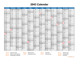 2043 Calendar Horizontal, One Page