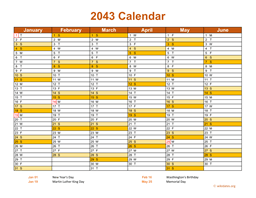 2043 Calendar on 2 Pages, Landscape Orientation