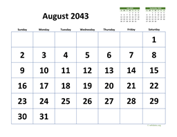 August 2043 Calendar with Extra-large Dates