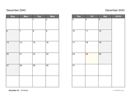 December 2043 Calendar on two pages