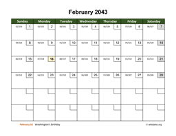 February 2043 Calendar with Day Numbers