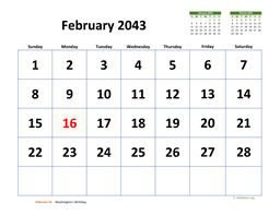 February 2043 Calendar with Extra-large Dates