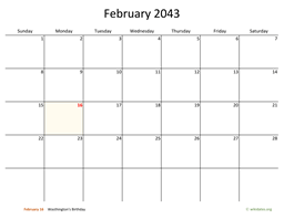 February 2043 Calendar with Bigger boxes