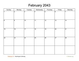 Basic Calendar for February 2043